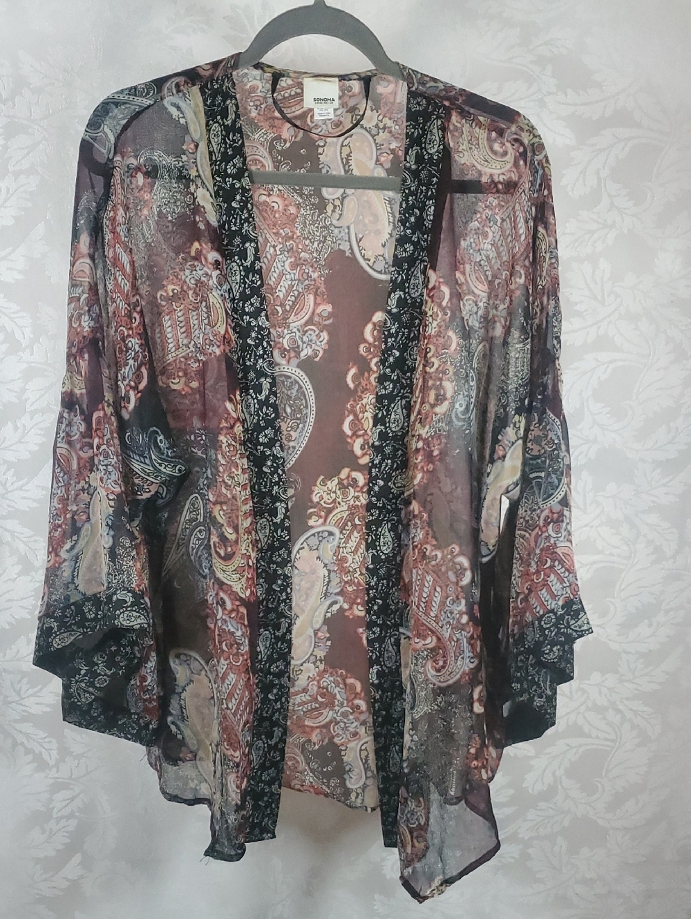 Sonoma Sheer Paisley Kimono in Burgundy and Black